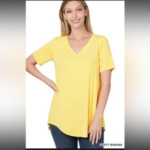 Women’s V-neck Tee shirt top, high-low hem by Zenana color is banana, SZ L